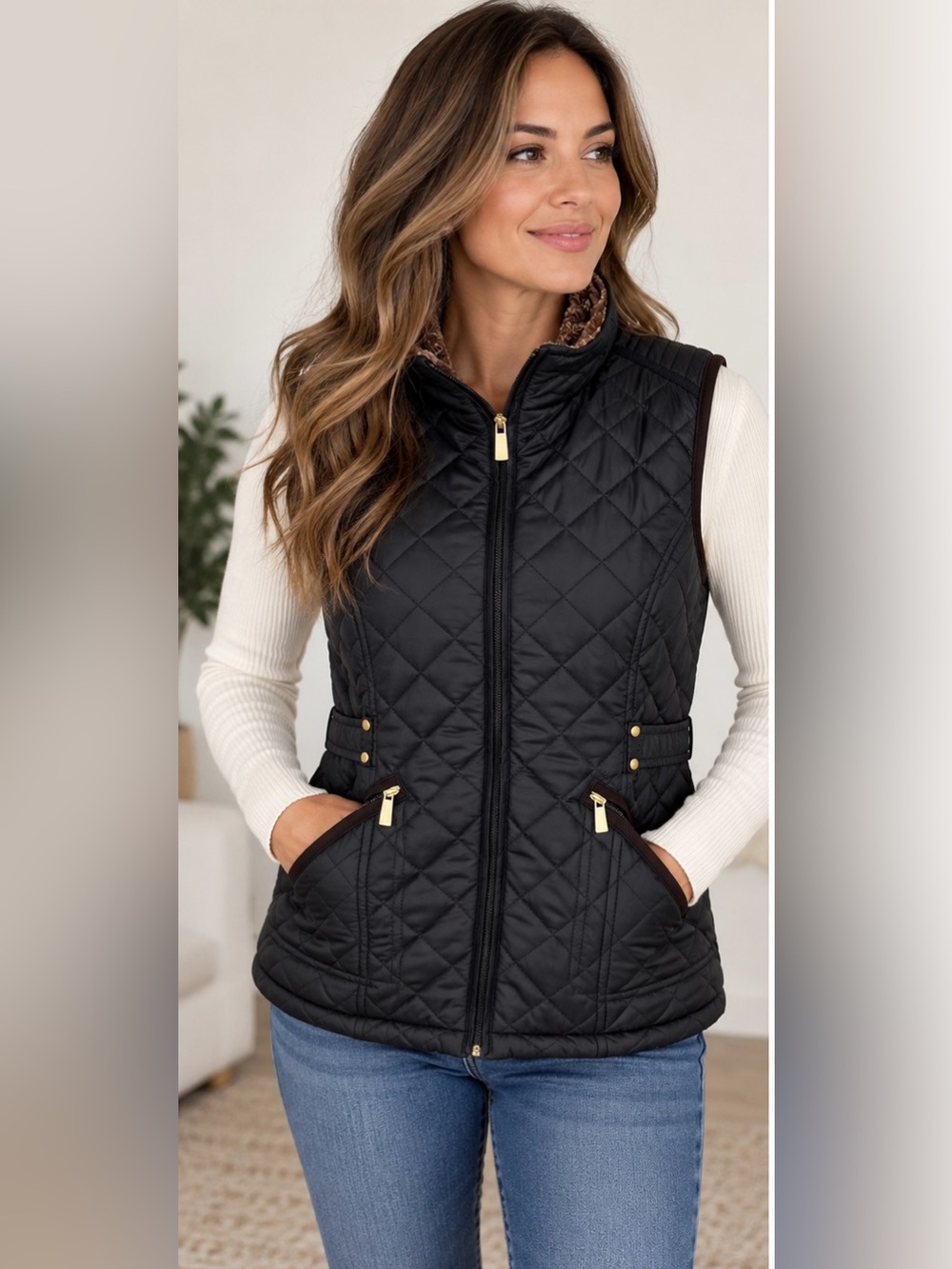 Victory Outfitters Women’s Large Black Quilted Faux Fur Lined Vest Full Zip